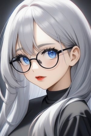 1girl, solo, glasses, long_hair, red_lips, white_hair, round_eyewear, black_shirt, closed_mouth, upper_body, looking_at_viewer, choker, grey_eyes, shirt, black-framed_eyewear, lips, letterboxed, blue_eyes