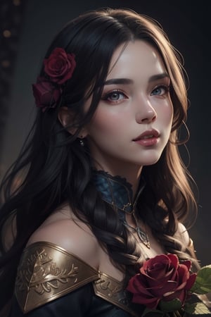 a close up of a woman with long hair and roses, beautiful fantasy art portrait, beautiful fantasy portrait, beautiful digital artwork, fantasy art portrait, beautiful digital art, gorgeous digital art, beautiful gorgeous digital art, beautiful digital illustration, artgerm portrait, beautiful art uhd 4 k, beautiful fantasy art, in the art style of bowater, fantasy portrait art