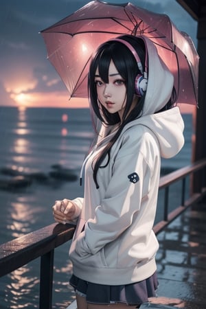 anime girl listening to music in the rain by the ocean, nightcore, 4k anime wallpaper, anime style 4 k, anime wallpaper 4k, anime wallpaper 4 k, black haired girl wearing hoodie, anime vibes, an anime girl, anime art wallpaper 4 k, anime art wallpaper 4k, anime art wallpaper 8 k, beautiful anime girl