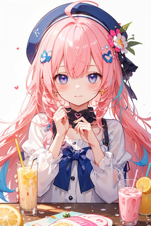 masterpiece, best quality, ultra detailed, extremely detailed, wallpaper, 1girl, solo, long hair, blush, hair ornament, hat, white background, pink hair, ahoge, heart, food, virtual youtuber, straw, juice box, blue hair, yellow hair, 