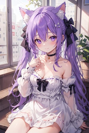 masterpiece, best quality, ultra-detailed, extremely detailed, depth of field, cowboy shot, 1girl, solo, long hair, breasts, looking at viewer, blush, smile, bangs, hair ornament, long sleeves, dress, bow, animal ears, cleavage, hair between eyes, bare shoulders, twintails, medium breasts, sitting, closed mouth, purple eyes, collarbone, purple hair, hair bow, detached sleeves, choker, puffy sleeves, cat ears, hand up, white dress, animal ear fluff, sleeves past wrists, strapless, low twintails, white bow, cat girl, strapless dress