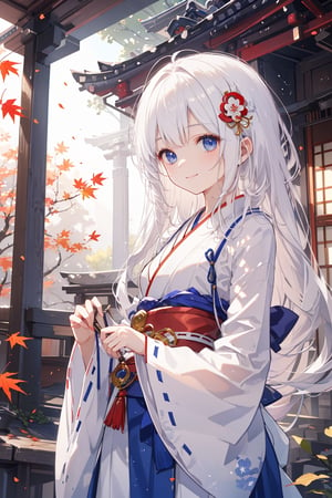 masterpiece, best quality, ultra detailed, extremely detailed, wallpaper, autumn, hair ornament, (elf ear:0.8), (sidelocks, slicked back hair, long hair, white hair with the inside of the hair dyed a beautiful indigo color), (miko, shrine maiden, wide sleeves:1.2), maple, smile, perfect fingers, fantasy, volumetric light, light_particles, dust_particles, cinematic lighthing, sunlight filtering through trees, glowing light, best illumination, dynamic angle