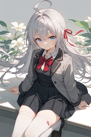 (score_9, score_8_up, score_7_up), alya, long hair, silver hair, ahoge, crossed bangs, hair ribbon, sidelocks, blue eyes, school uniform, grey jacket, open jacket, long sleeves, red bow, white shirt, collared shirt, black vest, buttons, black dress, white thighhighs, black loafers