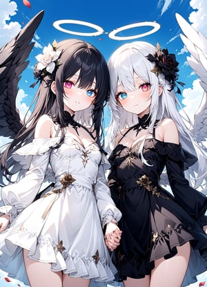 2girl, twins, white_angel with white further wing and white halo, black_angel with black further wing and dark halo, cowboy shot,cleavage,off shoulder,hair flower, off-shoulder dress, puffy long sleeves, puffy sleeves, rose petals, Heterochromatic pupil, cloud, sky, holding hands
