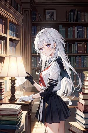 1girl, solo, school uniform, long hair, black gloves, purple eyes, white hair, small breasts, library, bookshelves, books, lamps, tables, plants, ethereal glow, vibrant colors