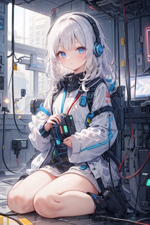 masterpiece, best quality, ultra-detailed, extremely detailed, depth of field, 1girl, solo, science friction, cowboy shot, sitting, wariza, surrounding by electric cable, machine, metals, screen, futuristic, electrical spark