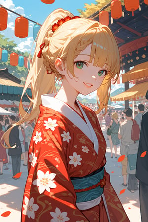 (score_9, score_8_up, score_7_up), 1girl, kimono, pattern_clothing, neck, blonde hair, braid, smile, bangs, long_ponytail, floral_pattern, floral_print, festival, outside, parted_lips