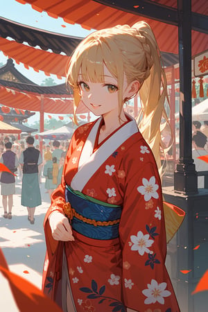 (score_9, score_8_up, score_7_up), 1girl, kimono, pattern_clothing, neck, blonde hair, braid, smile, bangs, long_ponytail, floral_pattern, floral_print, festival, outside, parted_lips
