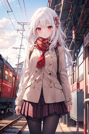 masterpiece, best quality, ultra-detailed, extremely detailed, depth of field, 1girl, solo, white hair,  long hair, red eyes, school uniform, bow, school jacket, pleated skirt, plaid skirt, pantyhose, scenery, breath, red scarf, winter, power lines, utility pole, train, enpera, train station, railroad tracks
