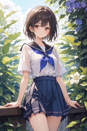 A serene masterpiece of a schoolgirl posing in a lush garden setting. The subject, with short hair and bangs framing her face, gazes directly at the viewer with brown eyes and a closed mouth. Her ultra-detailed features are set against a stunning backdrop of vibrant flowers, with a blue bloom standing out amidst the greenery. She wears a crisp white shirt with short sleeves, a pleated skirt, and loose socks, complete with a blue sailor collar, neckerchief, and miniskirt. The overall composition is a harmonious blend of beauty, innocence, and subtle sensuality, inviting the viewer to pause and appreciate this breathtaking scene.