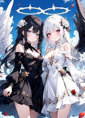 2girl, twins, white_angel with white further wing and white halo, black_angel with black further wing and dark halo, cowboy shot,cleavage,off shoulder,hair flower, off-shoulder dress, puffy long sleeves, puffy sleeves, rose petals, Heterochromatic pupil, cloud, sky, holding hands
