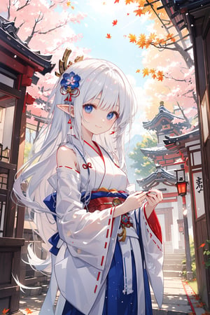 masterpiece, best quality, ultra detailed, extremely detailed, wallpaper, autumn, hair ornament, (elf ear:0.8), (sidelocks, slicked back hair, long hair, white hair with the inside of the hair dyed a beautiful indigo color), (miko, shrine maiden, wide sleeves:1.2), maple, smile, perfect fingers, fantasy, volumetric light, light_particles, dust_particles, cinematic lighthing, sunlight filtering through trees, glowing light, best illumination, dynamic angle