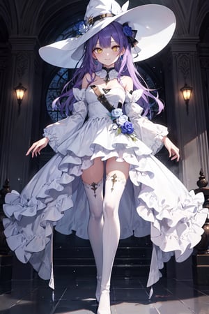 1girl, solo, illustration, purple hair, long hair, yellow eye, beautiful detailed glow eye, full body, white witch hat, white dress, frilled skirt, jewelry, best illumination, detached sleeves, thighhighs, frills, thighboots, bare shoulder, indoor, night, smile, nice hands, perfect hands, looking at viewer, ethereal glow, vibrant colors