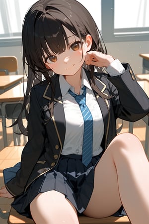 (score_9, score_8_up, score_7_up), 1girl, solo, looking at viewer, blush, smile, bangs, skirt, shirt, long hair, black hair, brown eyes, jacket, white shirt, cowboy shot, pleated skirt, open clothes, necktie, collared shirt, black skirt, open jacket, black jacket, school uniform, smile, miniskirt, hand on own cheek, classroom, thigh, foot focus, stepped on, pov, leaning foward