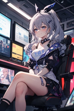 (blurry, depth of field, blurry foreground), orchestrating, symphony of slumber, lullaby of the subconscious, dream orchestration scene, cowboy shot, SilverWolfV5, 1girl, solo, long hair, bangs, smile, sitting, crossed legs, looking away, v arms, bubble_gum, nintendo switch, computer, cyberpunk, sci-fi