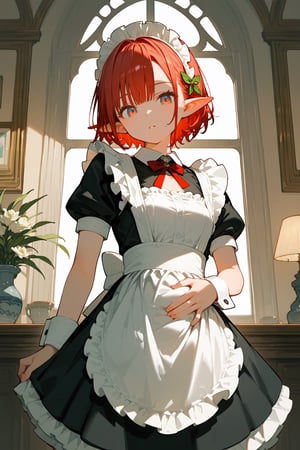 (score_9, score_8_up, score_7_up), 1girl, solo, short hair, looking at viewer, bangs, hair ornament, elf, red hair, maid, maid headress, hand on own stomach, pointy_ears
