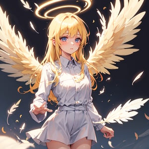 1girl, blonde bair, halo, white feather_wings, angel_wings, shirt, flying, looking_at_viewer, cowboy_shot, glowing particle, front view, beautiful detailed face, 
