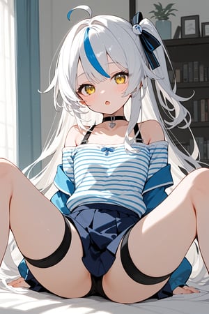 (score_9, score_8_up, score_7_up), 1girl, solo, long hair, looking at viewer, blush, open mouth, bangs, skirt, white hair, shirt, long sleeves, yellow eyes, sitting, very long hair, ahoge, multicolored hair, choker, striped,  indoors,  spread legs, blue skirt, off shoulder, streaked hair, thigh strap, one side up, choker, striped shirt