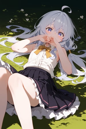 (score_9, score_8_up, score_7_up), 1girl, elaina-inner, elaina \(majo no tabitabi\), solo, ahoge, sleeveless, sleeveless shirt, white shirt, pleated skirt, frilled skirt, lying, on back, arm up, feet out of frame, covering own mouth, blush