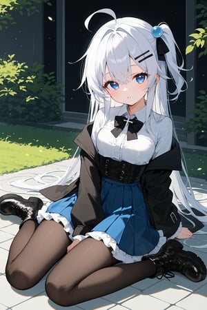 (score_9, score_8_up, score_7_up), 1girl, solo, skirt, shirt, white shirt, long hair, pantyhose, hair ornament, hairclip, white hair, blue eyes, black footwear, jacket, long sleeves, sitting, collared shirt, looking at viewer, black jacket, parted lips, bow, one side up, wariza, very long hair, blue skirt, ahoge, open clothes, off shoulder, open jacket, black pantyhose, frills, frilled skirt, hair between eyes, black bow, blush, lace-up boots, cross-laced footwear, high-waist skirt, dress shirt, wide sleeves, bowtie, scenery, outdoor, w sitting