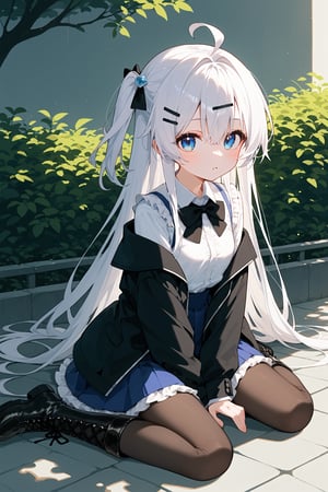 (score_9, score_8_up, score_7_up), 1girl, solo, skirt, shirt, white shirt, long hair, pantyhose, hair ornament, hairclip, white hair, blue eyes, black footwear, jacket, long sleeves, sitting, collared shirt, looking at viewer, black jacket, parted lips, bow, one side up, wariza, very long hair, blue skirt, ahoge, open clothes, off shoulder, open jacket, black pantyhose, frills, frilled skirt, hair between eyes, black bow, blush, lace-up boots, cross-laced footwear, dress shirt, bowtie, scenery, outdoor, w sitting