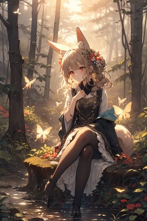\ Mysterious Forest\, fantasy theme, cute and sweet theme, 1girl, solo, rabbit ears, red eyes, wearing frilled dress, pinafore, pantyhose, head dress, brown long hair, twin braid, hair ornaments, flower ornaments, sitting on stump, forest, glowing flowers and mashrooms, lantarns, butterflies, birds, foxes, Squirrels background, ink painting, Colorful Pastels, dreamlike, vivid illumination, 