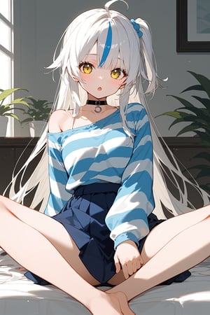 (score_9, score_8_up, score_7_up), 1girl, solo, long hair, looking at viewer, blush, open mouth, bangs, skirt, white hair, shirt, long sleeves, yellow eyes, sitting, very long hair, ahoge, multicolored hair, choker, striped,  indoors,  spread legs, blue skirt, off shoulder, streaked hair, one side up, choker, striped shirt