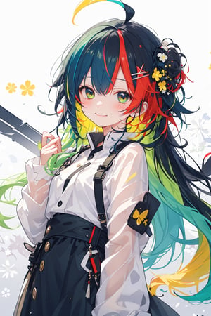 masterpiece, best quality, ultra detailed, extremely detailed, wallpaper, 1girl, solo, long hair, blush, hair ornament, white hair, ahoge, blue hair, yellow hair, black hair, red hair, green hair, multicolored hair, arm open, smile, happy, cute, pattern clothing, two-tone hair