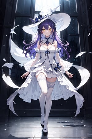 1girl, solo, illustration, purple hair, long hair, yellow eye, beautiful detailed glow eye, full body, white witch hat, white dress, frilled skirt, jewelry, best illumination, detached sleeves, thighhighs, frills, thighboots, bare shoulder, indoor, night, smile, nice hands, perfect hands, looking at viewer, ethereal glow, vibrant colors