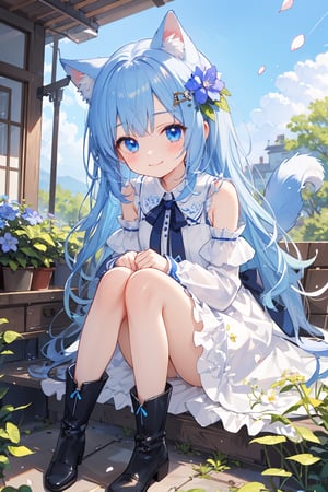 masterpiece, best quality, ultra detailed, 1girl, animal ears, blue eyes, tail, blue hair, sitting, hair ornament, hair flower, smile, white dress, blue dress, animal ear fluff, white knee boots, long hair, parted bangs, outdoors, solo, detached sleeves, closed mouth, blush, bare shoulders, day, petals, puffy sleeves, blue flower, long sleeves, wavy hair, loli