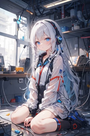 masterpiece, best quality, ultra-detailed, extremely detailed, depth of field, 1girl, solo, science friction, cowboy shot, sitting, wariza, surrounding by electric cable, machine, metals, screen, futuristic, electrical spark