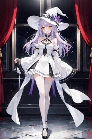 1girl, solo, illustration, platinum purple hair, long hair, yellow eye, beautiful detailed glow eye, full body, white witch hat, white dress, frilled skirt, jewelry, best illumination, detached sleeves, thighhighs, frills,  black footwear, bare shoulder, indoor, night, smile, nice hands, perfect hands, looking at viewer, ethereal glow, vibrant colors