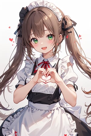 1girl, solo, long hair, looking at viewer, blush, smile, open mouth, bangs, simple background, brown hair, white background, dress, ribbon, twintails, green eyes, hair ribbon, braid, short sleeves, :d, heart, frills, puffy sleeves, virtual youtuber, grey background, twitter username, apron, black dress, red ribbon, puffy short sleeves, gradient, maid, hands up, maid headdress, gradient background, neck ribbon, white apron, maid apron, frilled apron, enmaided, heart hands