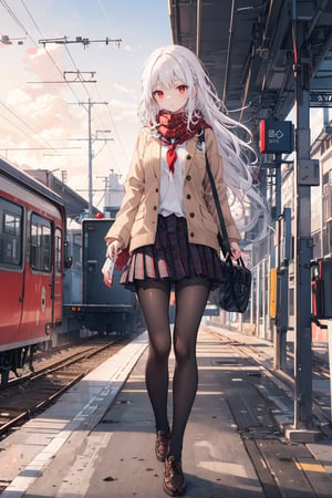 masterpiece, best quality, ultra-detailed, extremely detailed, depth of field, full body, 1girl, solo, white hair,  long hair, red eyes, school uniform, bow, school jacket, pleated skirt, plaid skirt, sweater, pantyhose, school shoes, (dusk), scenery, breath, red scarf, winter, power lines, utility pole, train, enpera, train station, railroad tracks, sky