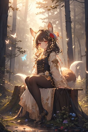 (masterpiece, best quality:1.2), (finely detailed:1.2), (extremely detailed CG unity 8k wallpaper, masterpiece, best quality, ultra-detailed, best shadow), (detailed face, detailed eyes, detailed background), (best illumination, an extremely delicate and beautiful), beautiful and detailed eye, galmorous, \ Mysterious Forest\, fantasy theme, cute and sweet theme, 1girl, solo, rabbit ears, red eyes, wearing frilled dress, pinafore, pantyhose, head dress, brown long hair, twin braid, hair ornaments, flower ornaments, sitting on stump, forest, glowing flowers and mashrooms, lantarns, butterflies, birds, foxes, Squirrels background, ink painting, Colorful Pastels, dreamlike, vivid illumination,