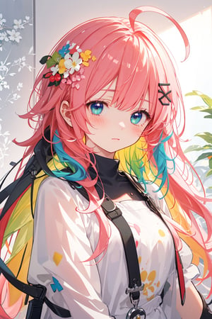 masterpiece, best quality, ultra detailed, extremely detailed, wallpaper, 1girl, solo, long hair, blush, hair ornament, pink hair, ahoge, blue hair, yellow hair, white hair, black hair, red hair, green hair