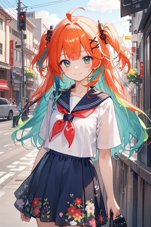 masterpiece, best quality, ultra detailed, extremely detailed, wallpaper, cowboy shot, 1girl, solo, long hair, blush, hair ornament, white hair, ahoge, blue hair, yellow hair, black hair, red hair, green hair, multicolored hair, arm open, smile, happy, cute, pattern clothing, two-tone hair, sailor dress, serafuku, two side up, neckerchief, floral print, x hair ornament, outdoor