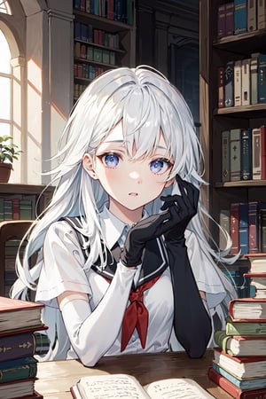 (masterpiece:1.2, best quality), (finely detailed beautiful eyes: 1.2), (extremely detailed CG unity 8k wallpaper, masterpiece, best quality, ultra-detailed, best shadow), (detailed background), (beautiful detailed face, beautiful detailed eyes), (best illumination, an extremely delicate and beautiful), beautiful detailed glow, 1girl, solo, school uniform, long hair, gloves, purple eyes, white hair, elbow gloves, small breasts, library, bookshelves, books, lamps, tables, plants, ethereal glow, vibrant colors