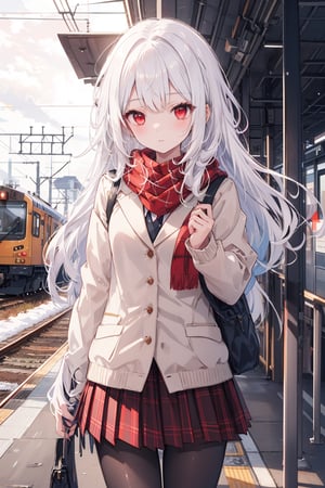 masterpiece, best quality, ultra-detailed, extremely detailed, depth of field, 1girl, solo, white hair,  long hair, red eyes, school uniform, bow, school jacket, pleated skirt, plaid skirt, pantyhose, scenery, breath, red scarf, winter, power lines, utility pole, train, enpera, train station, railroad tracks