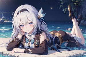 masterpiece, best quality, ultra-detailed, extremely detailed, depth of field, 1girl, firefly (honkai star rail), blush, jacket, dress, headband, hair ornament, smile, anime style fantasy, fantasy, high definition, from side, dynamic angle, artistic angle, lying, on stomach, (top-down bottom-up), breast press, marble floor, leg up