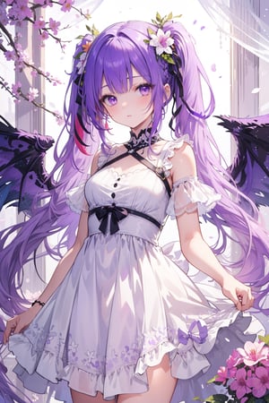 masterpiece, best quality, ultra detailed, extremely detailed, wallpaper, 1girl, solo, long hair, looking at viewer, bangs, hair ornament, dress, twintails, purple eyes, purple hair, flower, white hair, multicolored hair, wings, hair flower, purple dress