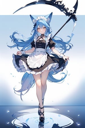 `(Fullbody, solo, woman, fox ears, forehead, long hair, light blue hair, yellow eyes), (maid outfit, choker, fox tail:1.2), (holding scythe:1.3) 
Break
(Fractral art:1.5), (abstract background), (glowing eyes, glowing scythe, aura, magic:1.2), (clean, reflection) 
Break
(best quality, ultra-detailed, masterpiece, absurdres, intricate background),`
