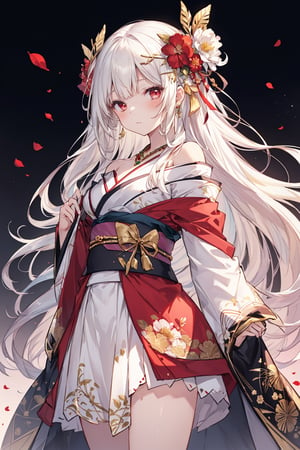 red Flower, Around the flowers center, cowboy shot, (1girl, straight hair, very long hair, red eyes, (Ivory white hair accessories, Gilded Jewelry), (Off shoulder, kimono, Beautiful and delicate patterns)