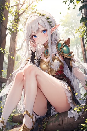 masterpiece, best quality, ultra-detailed, extremely detailed, depth of field, 1girl, solo, elf girl, cristal armor, sitting on log, from below, more details, detailed background