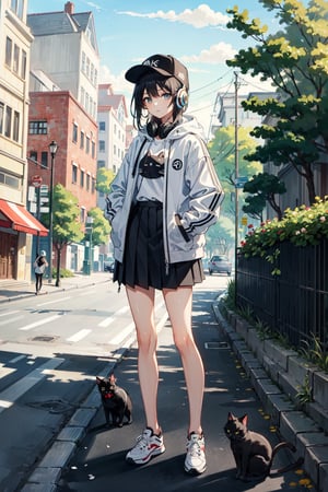 (masterpiece, best quality:1.4), 1girl, petite, standing, black hair, cat ears baseball cap, shirt,  jacket, open jacket, pleated skirt, sneakers, headphone around neck, standing, hand in pocket, looking at viewer, street, road, buildings, trees, flowers, black cat, nice hands, prefect hands,