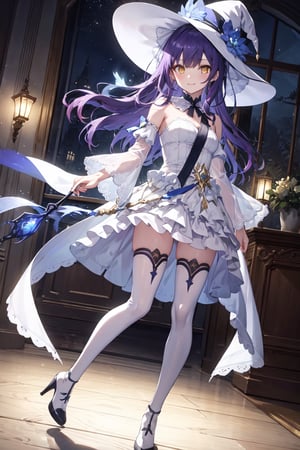 1girl, solo, illustration, purple hair, long hair, yellow eye, beautiful detailed glow eye, full body, white witch hat, white dress, frilled skirt, jewelry, best illumination, detached sleeves, thighhighs, frills, thighboots, bare shoulder, indoor, night, smile, nice hands, perfect hands, looking at viewer, ethereal glow, vibrant colors