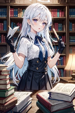 1girl, solo, school uniform, long hair, black gloves, purple eyes, white hair, small breasts, library, bookshelves, books, lamps, tables, plants, ethereal glow, vibrant colors