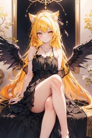 masterpiece, best quality, ultra detailed, extremely detailed, wallpaper, 1girl, solo, long hair, bangs, black hair, dress, halter_top, animal ears, jewelry, yellow eyes, yellow hair, multicolored hair, wings, cat ears, necklace, two-tone hair, feet out of frame