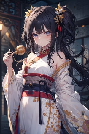 (masterpiece:1.2, best quality), (finely detailed:1.2), (extremely detailed CG unity 8k wallpaper, masterpiece, best quality, ultra-detailed, best shadow), (detailed face, detailed eyes, detailed background), (best illumination, an extremely delicate and beautiful), beautiful and detailed eye, galmorous, chinese style, chinese girl, 1girl, scenery, solo, petite, chinese_clothes, (cowboy shot:1.5), queen, majesty, hair ornament, bare shoulder, himecut, gilded Jewelry, black hair,hanfu, palace, one side up