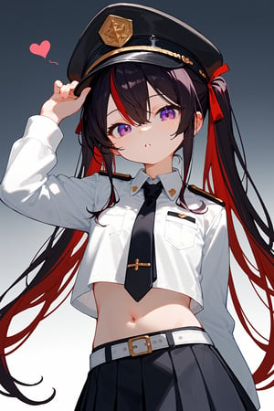 (score_9, score_8_up, score_7_up), 1girl, loli, skirt, solo, hat, twintails, black hair, long hair, necktie, pleated skirt, navel, peaked cap, purple eyes, shirt, heart, midriff, looking at viewer, long sleeves, white shirt, red hair, streaked hair, black skirt, very long hair, black necktie, black headwear, crop top, miniskirt, collared shirt, belt, hand up, stomach, uniform, cowboy shot, hair between eyes, parted lips, cross